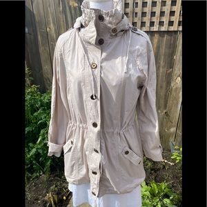 DO+BE cotton trench style coat with drawstring waist & hem removable hood